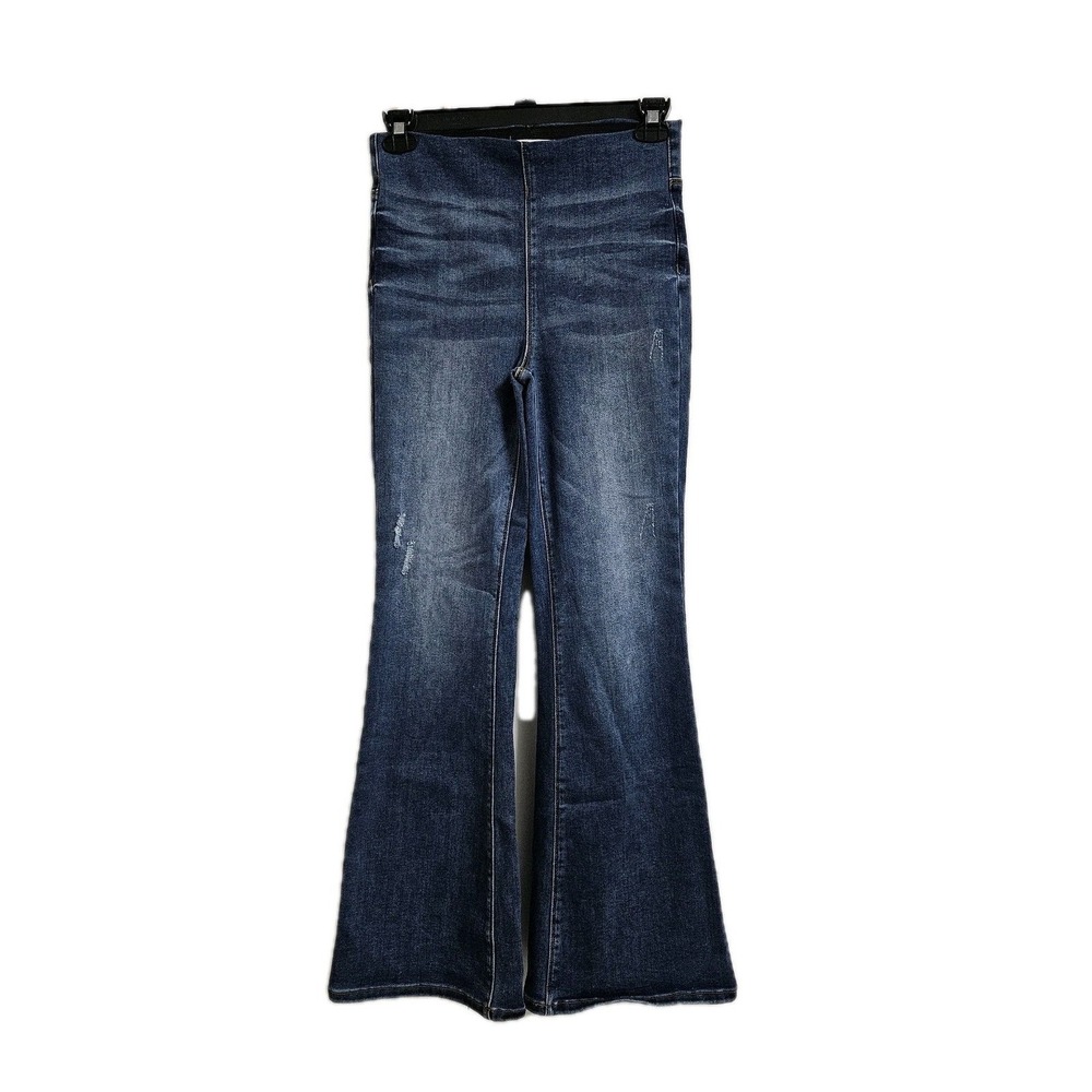 Risen Jeans Flare Women M Blue High Rise Pull On Distressed‎ Dark Wash Bohemian